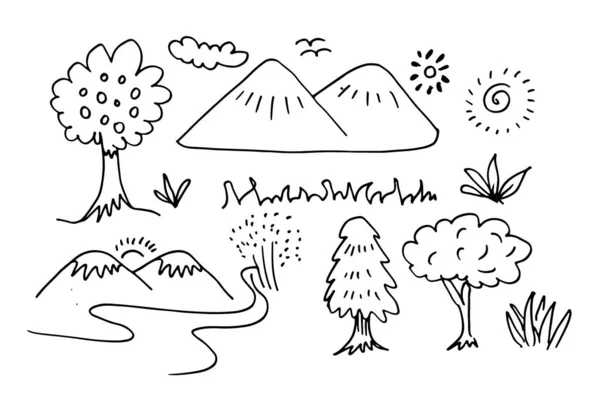 Croquis Des Montagnes Dessiné Main Avec Illustration Forêt Route Soleil — Image vectorielle