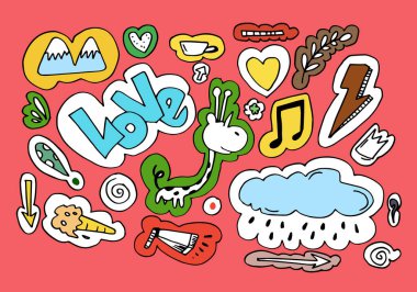 Vector Illustrated Peyzaj çizimi, tepeler, şimşekler, oklar, aşk, yağmur damlaları, kahve fincanları ve bulutlar ve diğer tasarım elementleriyle birlikte zürafanın çizimi. Çizgi tasarımı. Çıkartma tasarımı için.