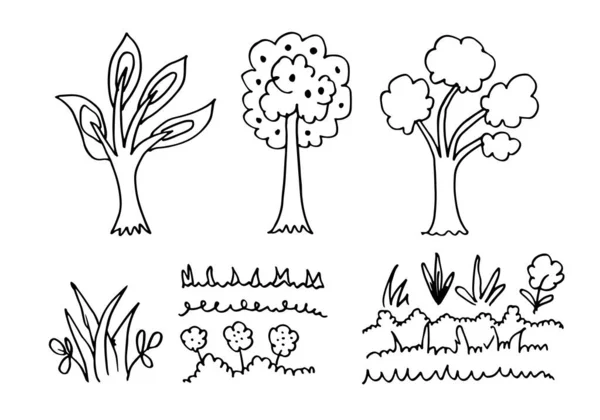 Doodle Set Van Cartoon Gras Bomen Landschap Elementen Vector Set — Stockvector