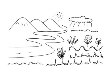 Elle çizilmiş dağlar orman, yol, güneş, çimen ve bulutlarla çizilmiş..