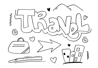 El çizimi seyahat karalamaları. Vektör illüstrasyonu. Doodle Sanat Dünyası Seyahat Koleksiyonu Tasarımı.