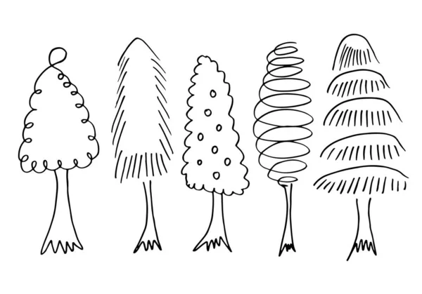 Doodle Park Forêt Conifères Silhouettes Abstraites Délimité Arbres Noir Collection — Image vectorielle