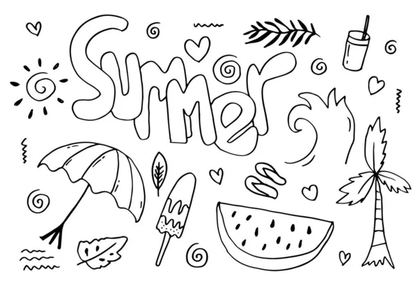 Coleção Verão Ilustração Vetorial Símbolos Engraçados Verão Doodle Isolados Fundo — Vetor de Stock