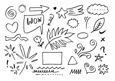 El çizimi elementler, beyaz arka plan üzerine siyah ok, kalp, aşk, yıldız, çember, ışık, çiçek, taç, Swishes, vurgu, girdap, kavram tasarımı için konuşma balonu.