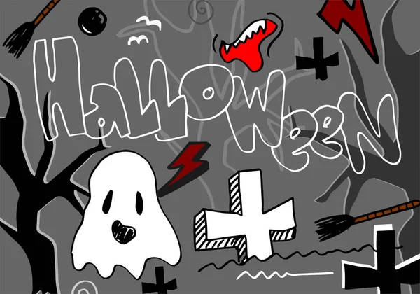 Handritad Halloween Doodle Set Banner Och Foster — Stock vektor