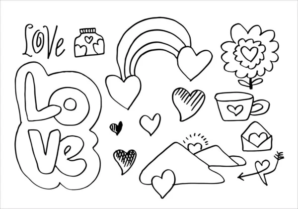 Ensemble Éléments Mignons Doodle Saint Valentin Coeurs Fleurs Tasse Thé — Image vectorielle