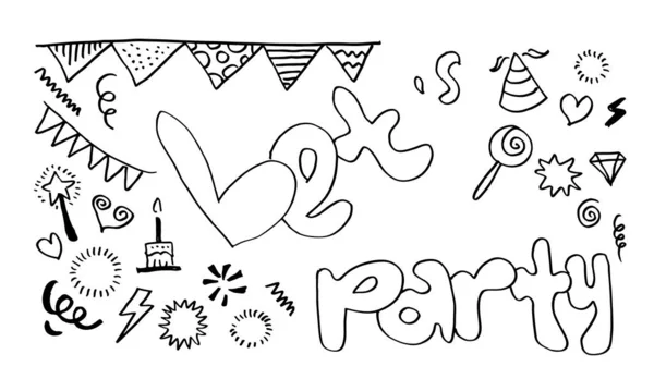 Lasst Uns Feiern Handgezeichnete Zeichentrickillustration Leuchtender Handgezeichneter Schriftzug Kreis Für — Stockvektor