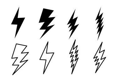 Şimşek çakın. Thunderbolt düz stili. Şimşek ve Şimşek Şimşek Şimşeği Simgeleri Beyaz arkaplanda Ayarlandı.