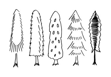 Doodle Park kozalaklı ağaç soyut siluetleri siyah renk koleksiyonu setiyle ana hatları çizilmiş ağaçlar