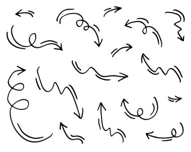 Karalama tasarım elementleri. El çizimleri beyaz arka planda izole edilmiş oklar. Vektör illüstrasyonu.