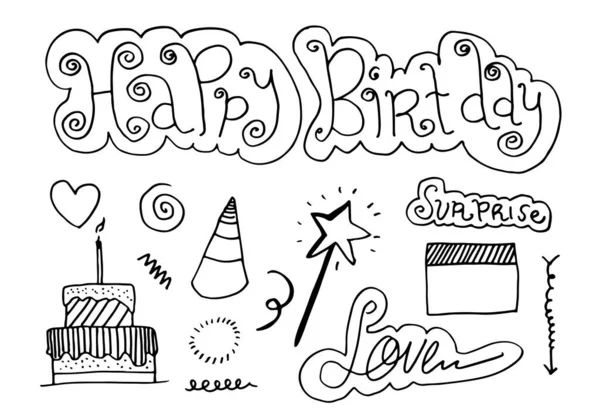 Handgezeichnete Doodle Cartoon Objekte Und Symbole Auf Der Geburtstagsparty — Stockvektor