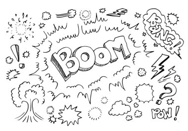 Beyaz arkaplana el çizimi komik karalamalar.