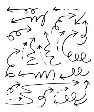 Karalama tasarım elementleri. El çizimleri beyaz arka planda izole edilmiş oklar. Vektör illüstrasyonu.