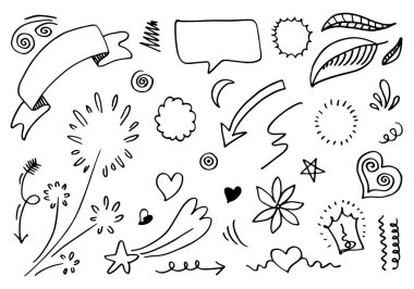 El çizimi elementler, beyaz arka planda siyah. Ok, kalp, aşk, yıldız, yaprak, güneş, ışık, çiçek, taç, kral, kraliçe, Swishes, swoops, vurgu, girdap, kalp, konsept tasarımı için.