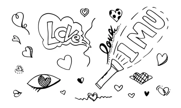 Ručně Kreslené Čmáranice Valentýna Sbírka Krásných Srdcí Spisů Láska Vektorová — Stockový vektor
