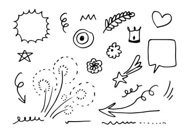 Yapraklar, kalpler, soyut, konuşma balonu, oklar ve konsept tasarımlar için çizilmiş diğer elementler. Karalama çizimi. Dekorasyon için vektör şablonu