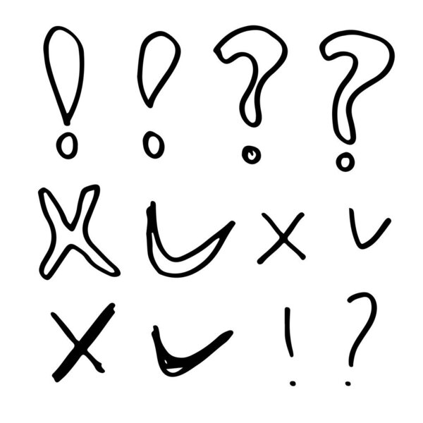 Hand drawn check marks, question marks and exclamation marks, on a white background.