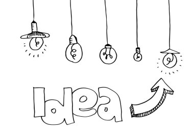 Ampul fikir kavramı Icons set doodles. Vektör çizim.