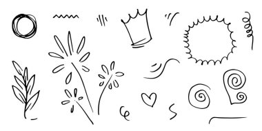 El çizimi element, siyah üzerine beyaz arkaplan. Çember, yaprak, kalp, ışık, kral, vurgu, girdap, kavram tasarımı için..