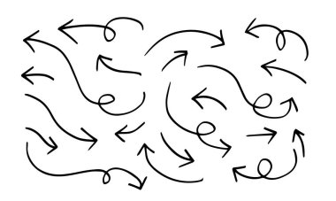 Karalama tasarım elementleri. El çizimleri beyaz arka planda izole edilmiş oklar. Vektör illüstrasyonu.