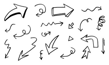 Karalama tasarım elementleri. El çizimleri beyaz arka planda izole edilmiş oklar. Vektör illüstrasyonu.