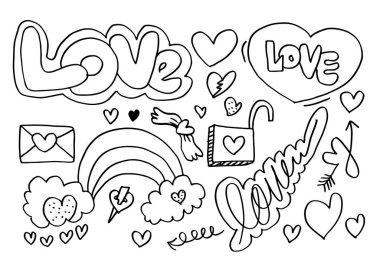 Sevgililer Günü için elle çizilmiş karalamalar. Güzel kalpler ve yazılar koleksiyonu. Aşk. Vektör illüstrasyonu.