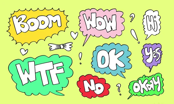 Handgezeichnete Sprechblasen Mit Handgeschriebenen Kurzen Phrasen Wow Boom Wtf Nein — Stockvektor
