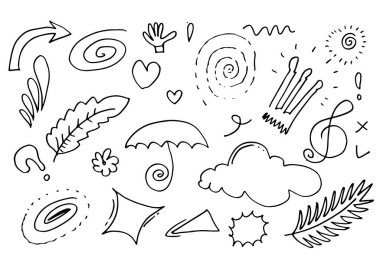 El çizimi elementler, beyaz arka planda siyah. Oklar, bulutlar, yapraklar, güneş, ışık, çiçekler, taçlar, vurgular, girdaplar, şemsiyeler, eller, konsept tasarımı için.