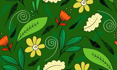 Kasımpatı, çan çiçeği ve diğerleriyle çiçek desenli. Yazın moda baskıları için çiçek deseni.