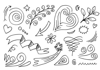 El çizimi elementler, beyaz arka planda siyah. Ok, kalp, aşk, yıldız, yaprak, kurdele, ışık, çiçek, salıncak, vurgu, girdap, kalp, konsept tasarım için