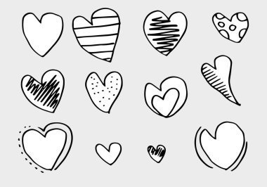 Karalama kalpler, el çizimi aşk kalp koleksiyonu..