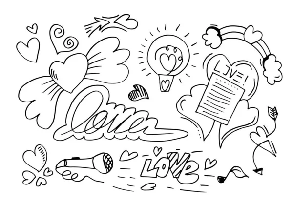 愛の集合手描き 落書きスタイル あなたのデザイン用 — ストックベクタ