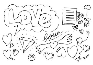 Sevgi seti. El çizimi. Doodle tarzı. tasarımınız için.