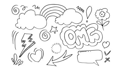 hand drawn set elements, black on white background. arrow, heart, love, star, thunder, flower, crown, swish, emphasis, swirl for concept design