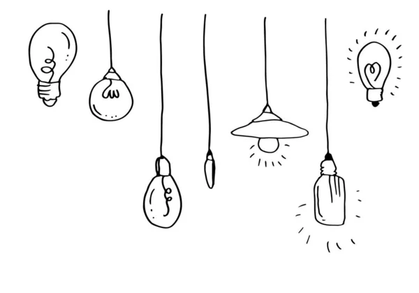 Icone Lampadina Disegnate Mano Con Concetto Idea Stile Doodle Illustrazione — Vettoriale Stock