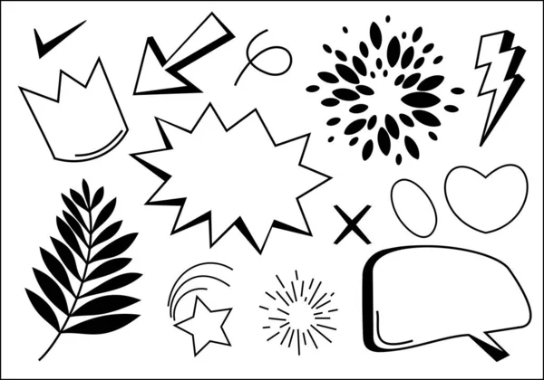 Handgezeichnetes Set Element Schwarz Auf Weißem Hintergrund Pfeil Blätter Sprechblase — Stockvektor
