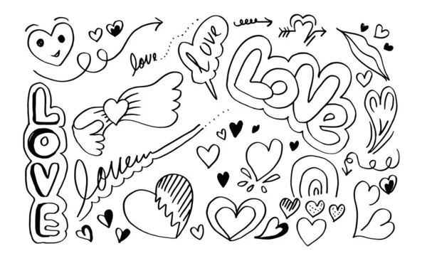 Ręcznie Rysowane Bazgroły Ustawione Walentynki Zbiór Pięknych Serc Pism Miłość — Wektor stockowy