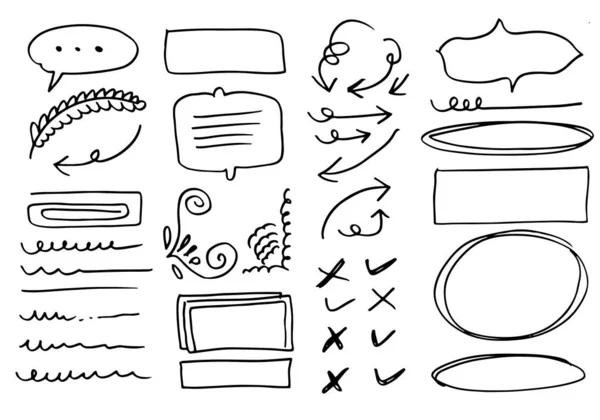 Linee Vettoriali Doodle Curvature Segni Spunta Frecce Disegnati Mano Set — Vettoriale Stock