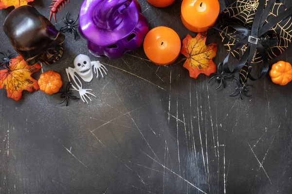 Minimalistisch Creatieve Platte Achtergrond Voor Herfstvakantie Halloween Pompoenen Kaars Lantaarn — Stockfoto