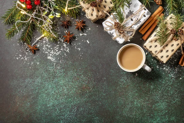 Cup Coffee Xmas Dark Stone Tabletop New Year Christmas Concept — Stock Photo, Image