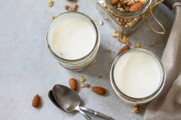 Healthy Breakfast Yogurt Parfait Yogurt Homemade Almond Granola Gray Concrete — Foto Stock