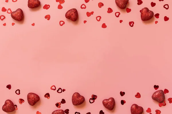 Valentinstage Liebe Und Hochzeitsideen Rote Herzen Auf Rosa Hintergrund Umrahmen — Stockfoto