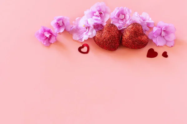 Valentines Love Wedding Concept Lilac Violet Flowers Red Hearts Pink — Stok fotoğraf