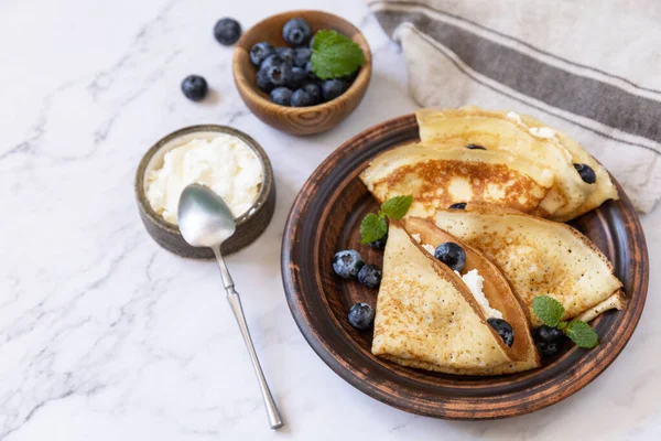 Celebrating Pancake Day Healthy Breakfast Delicious Homemade Crepes Blueberries Ricota — Stock Photo, Image