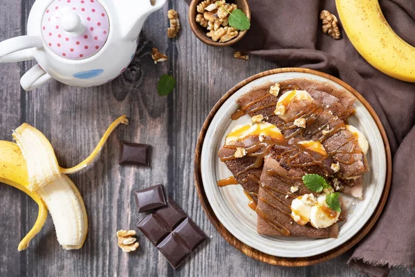 Celebrando Dia Panqueca Café Manhã Saudável Deliciosos Crepes Chocolate Caseiros — Fotografia de Stock