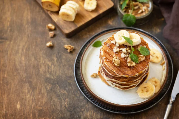 Celebrating Pancake Day American Breakfast Delicious Homemade Banana Pancakes Nuts — Stock Photo, Image