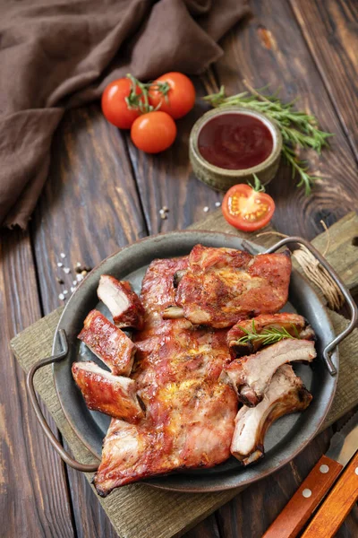Bbq Grilled Veal Calf Brisket Meat Short Spare Rib Plate — Stock Photo, Image