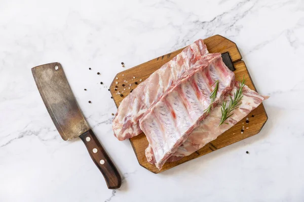 Raw Veal Calf Brisket Ribs Meat Rosemary Spices Short Spare —  Fotos de Stock