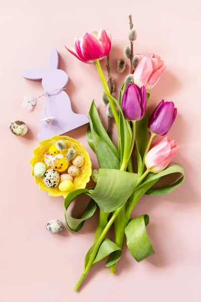 Pink Purple Tulips Colorful Quail Eggs Nest Pink Background Spring — Zdjęcie stockowe
