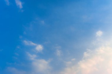 Bright blue sky with white fluffy clouds, natural background